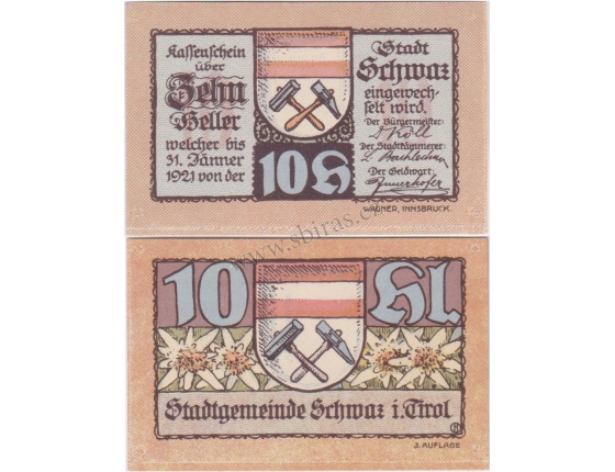 Rakousko - Notgeld 10 Haléřů Schwaz in Tirol 1921 UNC