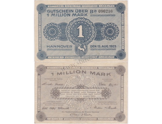 Německo - bankovka 1 million Mark 1923 Hannover