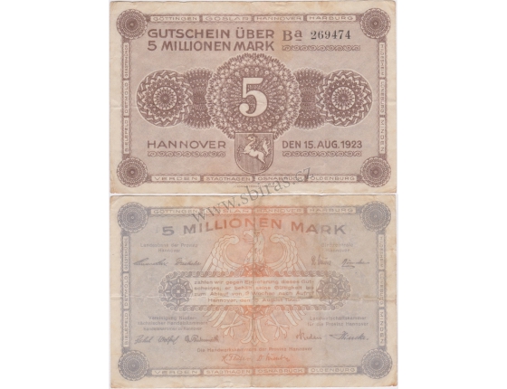 Německo - bankovka 5 millionen Mark 1923 Hannover