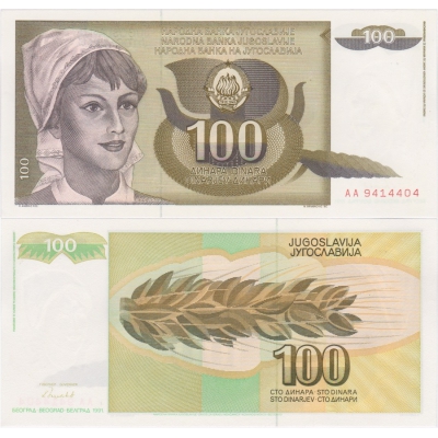 Jugoslávie - bankovka 100 dinara 1991 UNC