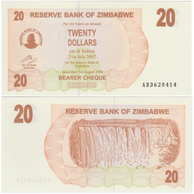 Zimbabwe - bearer cheque 20 dollars 2008 UNC