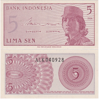 Indonésie - bankovka 5 lima sen 1964 aUNC