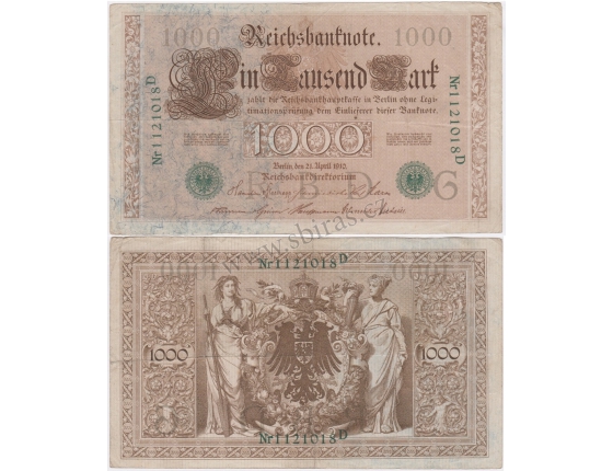 Německé císařství - bankovka Reichsbanknote 1000 marek 1910, zelené pečetě