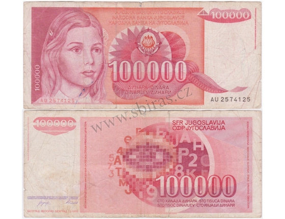 Jugoslávie - bankovka 100 000 dinara 1989