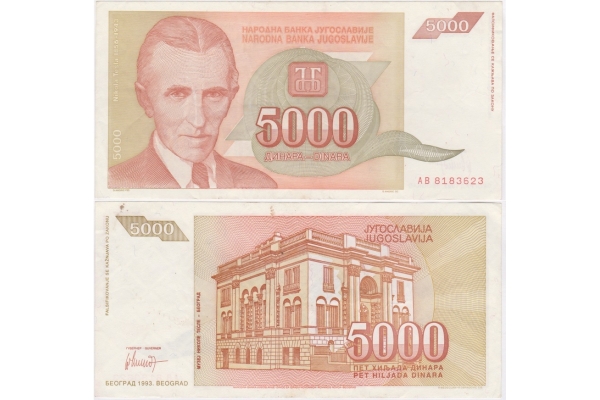 Jugoslávie - bankovka 5 000 dinara 1993